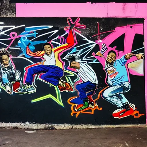 Image similar to four breakdancers battling in the bronx in 1984, by Andy Warhol, gritty, energetic, hyperrealistic, intricate graffiti, Moody lightning, trending on artstation