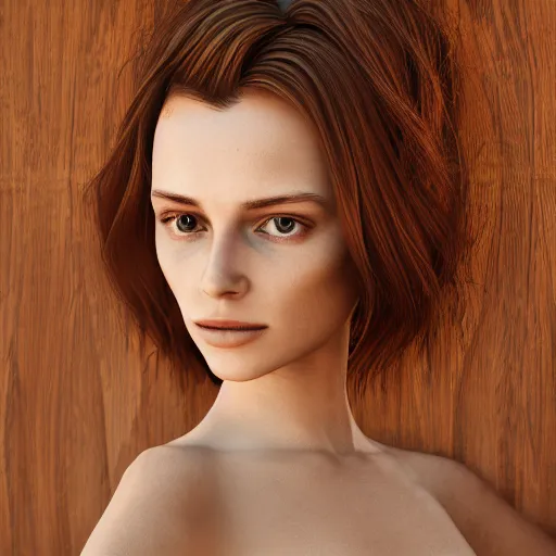 Image similar to beautiful girl in a dress made of wood, beautiful portrait, symmetrical, character concept style trending on artstation concept art detailed octane render cinematic photo - realistic 8 k high detailed