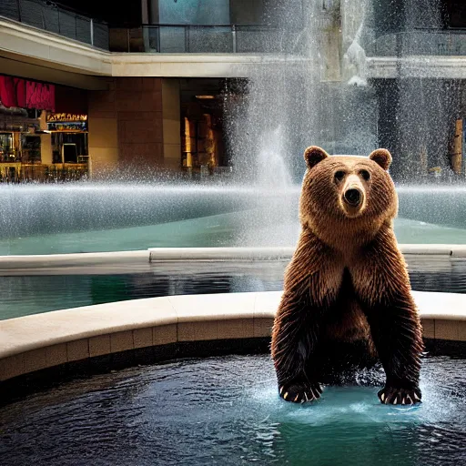 Prompt: a bear in a fountain in an empty mall, high resolution photograph, paul nicklen, atmospheric lighting