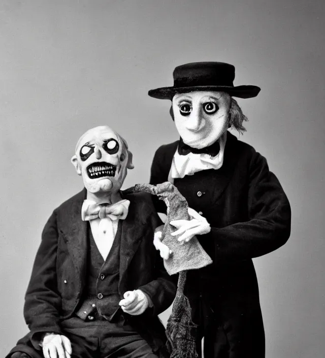 Image similar to hyper realistic old photography of lunatic mad ventriloquist old man with terrific haunted puppet