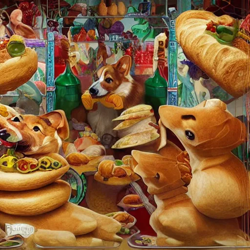 Prompt: “ a mexican - inspired fantasy market with corgis made out of bread in glass cases, similar to fidough from pokemon scarlet, d & d, fantasy, intricate, cinematic lighting, highly detailed, digital painting, artstation, concept art, smooth, sharp focus, illustration, art by artgerm and greg rutkowski and alphonse mucha ”