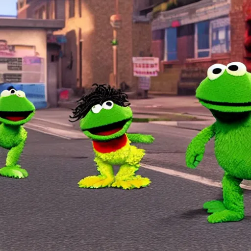 Prompt: Sesame Street muppet characters form a gang in Grove Street from GTA San Andreas