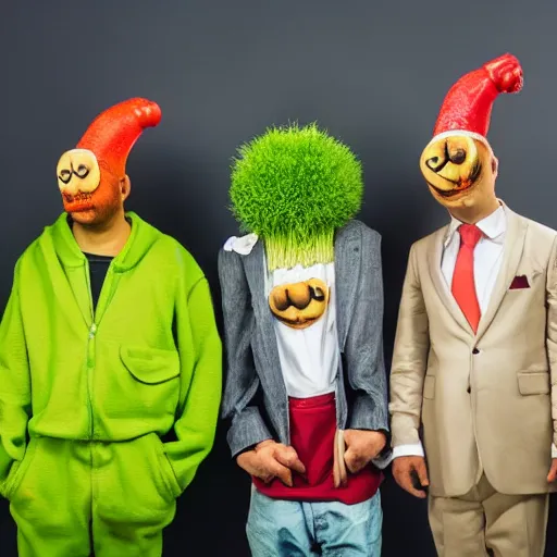Image similar to gangster rappers the Onion Heads and Celery Foot gang. Each gang can be distinguished by wearing their colours and onion heads and celery feet. Award winning photography