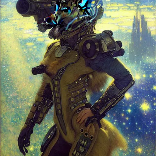 Image similar to portrait of a wolf in uniform starship stars. shadowrun furaffiniy cyberpunk fantasy highly detailed painting by gaston bussiere craig mullins jc leyendecker gustav klimt artgerm greg rutkowski john berkey, bergey, craig mullins, ruan jia, raymond swanland, jeremy mann, tom lovell, alex malveda