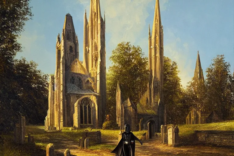 Image similar to a detailed oil painting of darth vader leaving a quaint medieval flint church, english, churchyard, trees, golden hour, lead - covered spire, realistic architecture