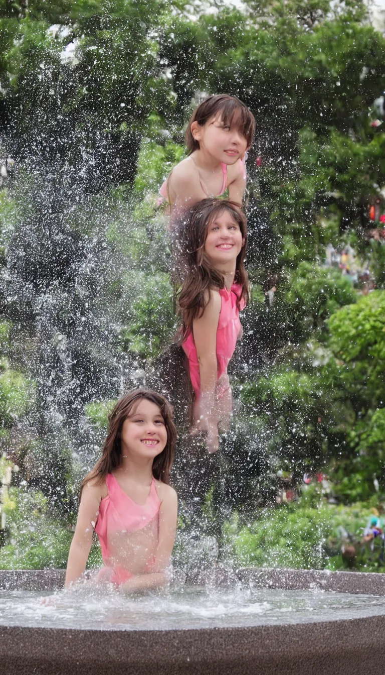 Image similar to Beautiful girl under the rainbow fountain,