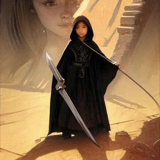 Image similar to perfectly - centered - portrait of a kid wearing black cloak holding wooden sword, intricate, highly detailed, digital painting, artstation, concept art, smooth, sharp focus, illustration, unreal engine 5, 8 k, art by artgerm and greg rutkowski and alphonse mucha