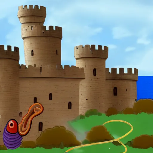 Prompt: giant worm is coiling around a castle