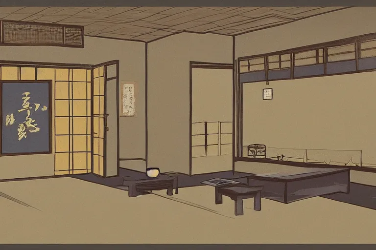 Prompt: high detail concept art of japanese room, sen no rikyu, urasenke, tokonoma, paint style