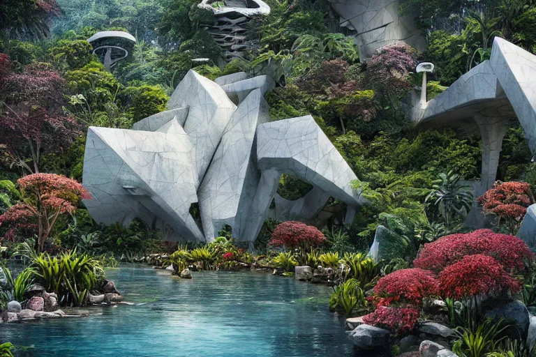 Image similar to brutalist futuristic white Aztec structures, manicured garden of eden, vivid pools and streams, tropical foliage, bromeliads, azaleas, Japanese maples, birds, sculpture gardens, Winter, by Jessica Rossier and Brian Froud