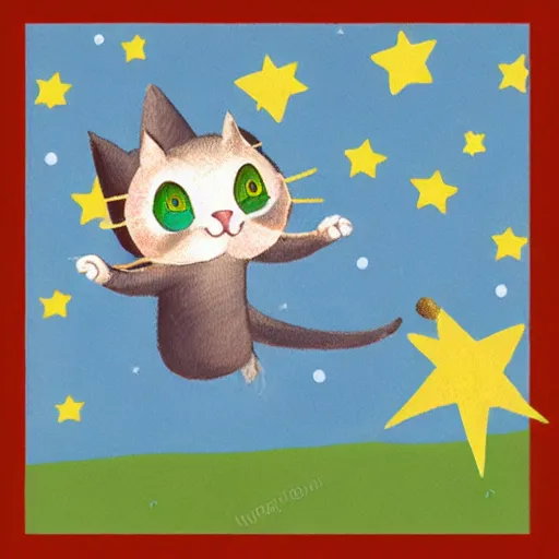 Prompt: baby wizard cat flying across the space with bright stars