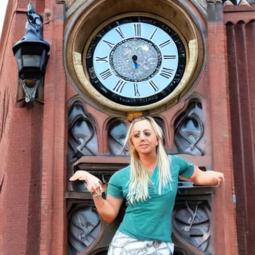 Image similar to A detailed photo of Kaley Cuoco under the Eastgate clock in Chester. Behind her we see a black panther