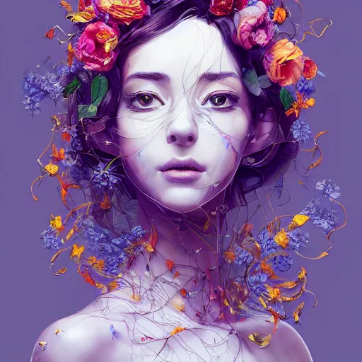 Image similar to the portrait of an absurdly beautiful, graceful, elegant mature young woman made of petals looking up, an ultrafine detailed illustration by kim jung gi, irakli nadar, intricate linework, bright colors, octopath traveler, final fantasy, angular, unreal engine 5 highly rendered, global illumination, radiant light, detailed and intricate environment