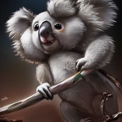 Prompt: a cute koala as polished shinobi cosplay, intricate, highly detailed, centered, weta pixar mucha loish wlop artgerm, octane render