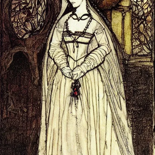 Image similar to Anne Boleyn half-bird half-woman, style of Arthur Rackham, detailed