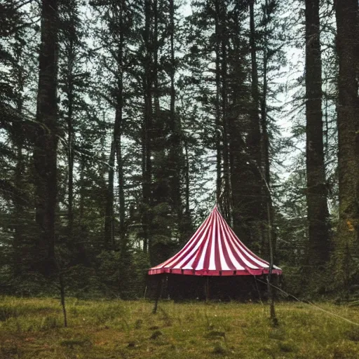 Prompt: a circus tent in the middle of a dark mysterious forest