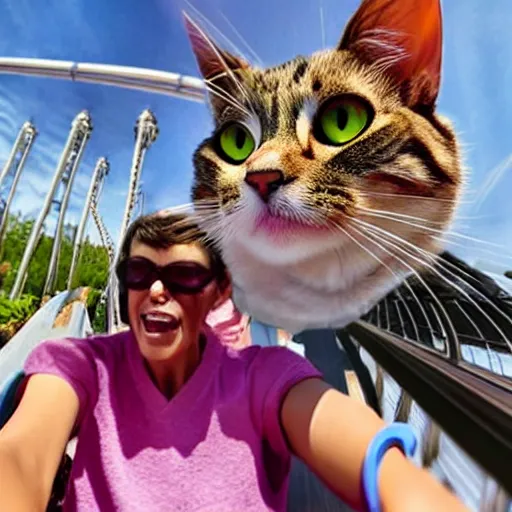 Prompt: selfie of an excited cat riding a roller - coaster, highly - detailed award - winning