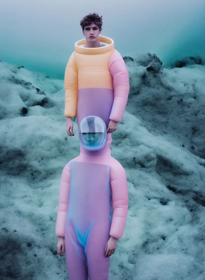 Prompt: high quality pastel coloured film portrait photograph of a beautiful young 2 0 year old male, soft features, short hair, wearing perspex space suit and oversized inflated clothing!! icelandic black rock pool environment. atmospheric three point light. photographic. art directed. ( pastel colours ). volumetric. clearcoat. waves. 8 k. filmic.