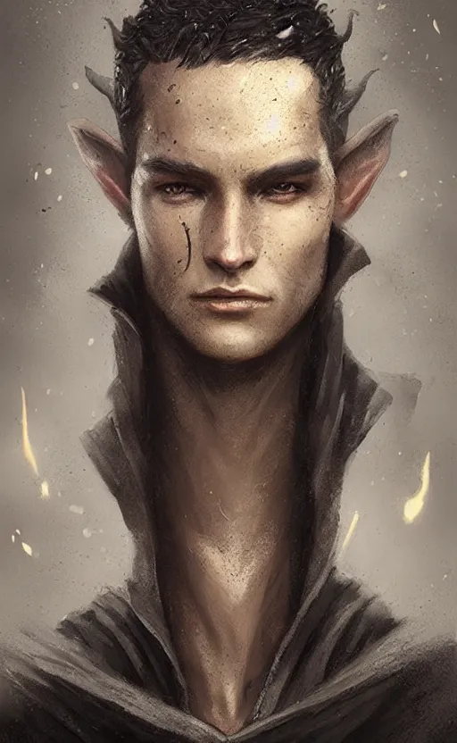 Prompt: Portrait of an elf in a black cloak with dark hair, dark skin, male, detailed face, fantasy, highly detailed, cinematic lighting, digital art painting by greg rutkowski