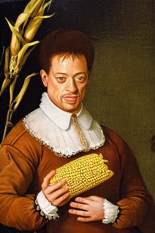 Image similar to a 1 6 0 0 s portrait painting of brendan fraser holding corn, intricate, elegant, highly detailed