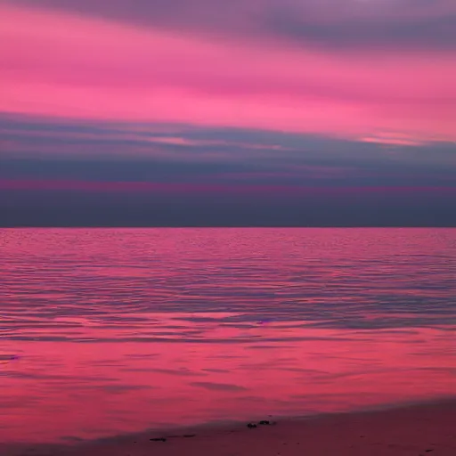 Image similar to blush colored sky with light pink clouds on a calm open ocean reflecting the sky dreamland