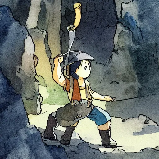 Image similar to dwarf mining for gold in a sparkling dark cave, from studio ghibli, watercolor illustration for a book, proportions, legs of the hand