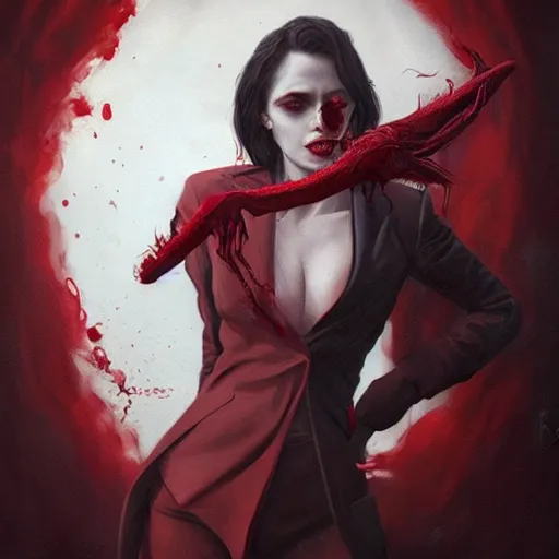 Image similar to portrait of vidhya balan upper body in bloody business suit, blood red eyes, vampire fangs, fantasy, intricate, elegant, highly detailed, digital painting, artstation, concept art, matte, sharp focus, illustration, art by aenaluck and roberto ferri and greg rutkowski, epic fantasy, digital painting