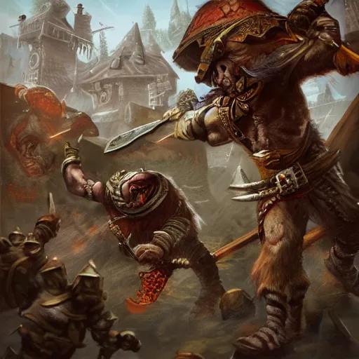 Prompt: a detailed fantasy painting of a berserker dwarf swinging axes fighting scaven rats from vermintide 2 videogame, warhammer, artstation, 8,