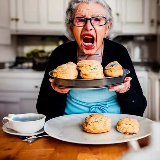 Image similar to elderly woman screaming at a plate of scones, canon eos r 3, f / 1. 4, iso 2 0 0, 1 / 1 6 0 s, 8 k, raw, unedited, symmetrical balance, wide angle