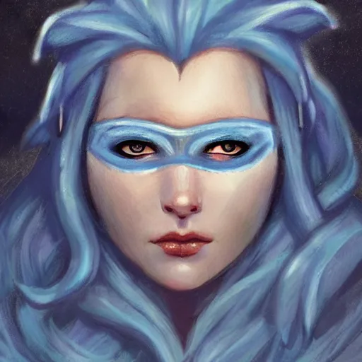 Prompt: art, bandit from ‘ icewind dale ’ and ‘ icewind dale heart of winter ’, with a frost blue gem mask lined with copper, ‘ icewind dale 2 ’ profile portrait by ‘ justin sweet ’, falling snow, soft focus, illustration, oil paint, trending artstation