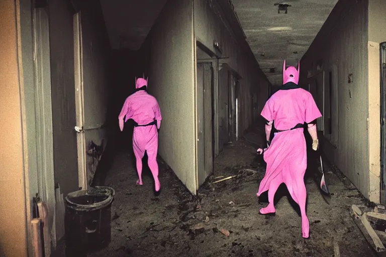 Image similar to batman wearing pink apron wielding an axe, chasing through old brown decrepit hallway, running toward camera, creepy smile, atmospheric eerie lighting, dim lighting, bodycam footage, motion blur, photograph