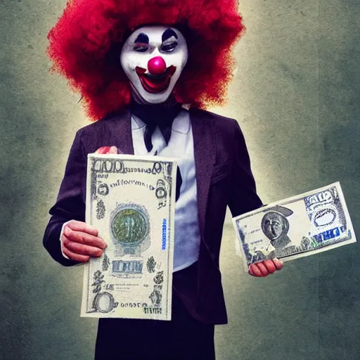 Image similar to A poor clown holding a giant dollar banknote, background is a slum, artstation, cgsociety, masterpiece