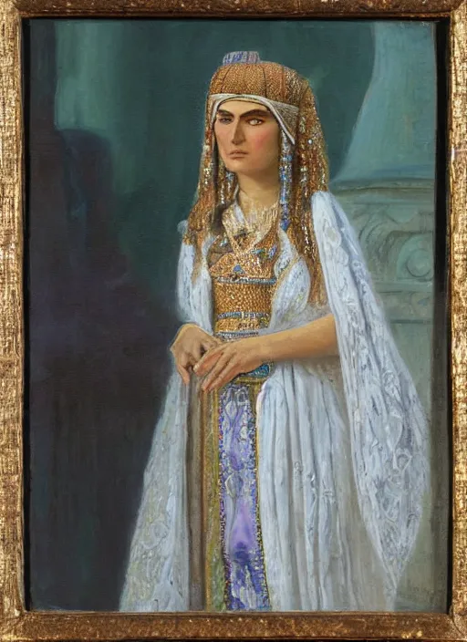 Image similar to close up portrait of an ancient Persian queen standing on a balcony of a palace, soft sunlight hitting face, oil painting,