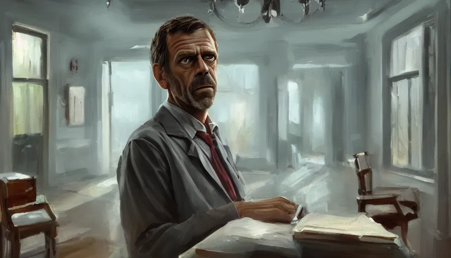 Image similar to dr house, wallpaper, cinematic shot, oil painting by jama jurabaev, extremely detailed, brush hard, artstation, high quality, brush stroke