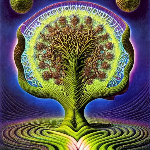 Image similar to sacred mulberry tree by roger dean and andrew ferez, art forms of nature by ernst haeckel, divine chaos engine, symbolist, visionary, art nouveau, botanical fractal structures, tree of life, lightning bolts, detailed, realistic, surreality