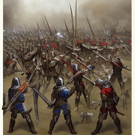 Prompt: a medieval army by john howe,