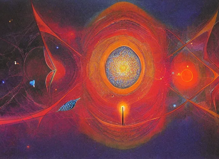 Prompt: the comet of infinite fractal universes, by jack gaughan, symbolist, psychedelic colors, dramatic lighting, smooth, sharp focus, extremely detailed, aesthetically pleasing composition