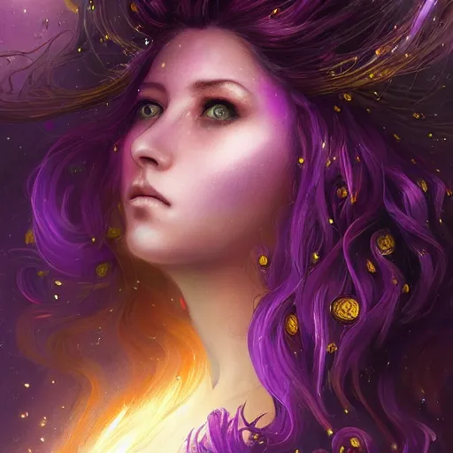 Image similar to epic portrait an nebulae goddess with flowing purple long hair and glowing purple eyes, sweaty skin, beautiful face, digital painting, artstation, concept art, soft light, hdri, smooth, sharp focus, illustration, fantasy, intricate, elegant, highly detailed, D&D, matte painting, in the style of Greg Rutkowski and Alphonse Mucha and artemisia, 8k, highly detailed, jurgens, rutkowski, bouguereau, pastoral, rustic, georgic, detailed concept art, illustration, colorful pastel, painting, detail, ultra detailed, digital art, 4K,