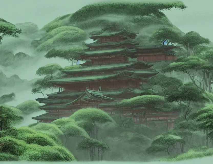 Image similar to a cinematic widescreen photo of ancient japanese temples in a misty bamboo cloud forest on a mountain by studio ghibli by roger dean, photorealistic, 7 0 mm, concept art