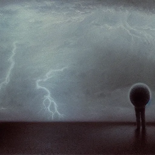 Image similar to killua zoldyck made by zdzisław beksinski, thunderstorm, 8 k, detailed, cinematic, rain, crying, black