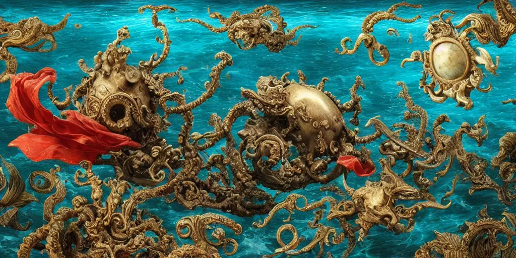 Prompt: renaissance, underwater, tilt shift, gulf, italian, whale, narval, poseidon, naval battle, italian masterpiece, faberge, wind, sky in background, wind rose, Ashford Black Marble, marble, brass, baroque, draped with red corals and vines and spines, drapes, glass, portrait, kraken, mermaid, nautilus, render, artstation, ultra detailed