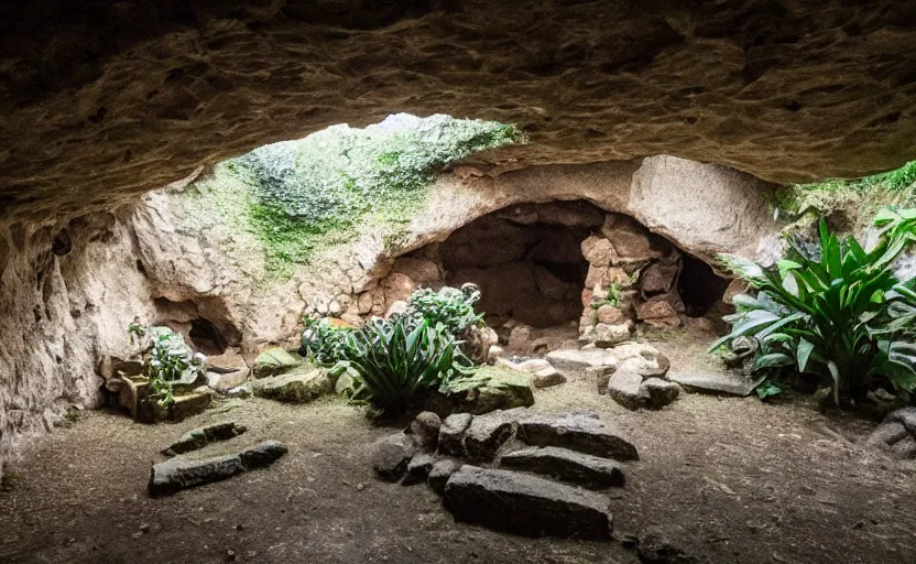 Image similar to cave built into an early medieval village lit by torches, large dinosaur skull, plants