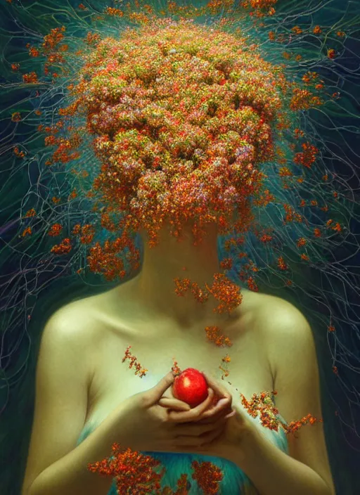 Image similar to hyper detailed 3d render like a Oil painting - Aurora (Singer) Eats of the Strangling Fruit and Her delicate Hands full of gossamer polyp blossoms bring iridescent fungal flowers whose spores black the foolish stars by Jacek Yerka, Mariusz Lewandowski, Houdini algorithmic generative render, Abstract brush strokes, Masterpiece, Edward Hopper and James Gilleard, Zdzislaw Beksinski, Mark Ryden, Wolfgang Lettl, hints of Yayoi Kasuma, octane render, 8k