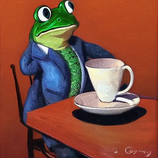 Image similar to mr 🐸 drinking ☕ by james gurney