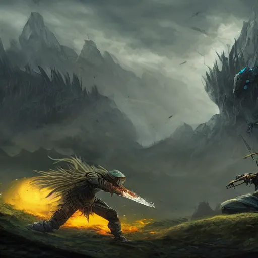 Image similar to war torn battlefield, wizards fighting in the distance, a fallen mages in focus, dnd, fantasy, high quality, high definition, concept art, smooth
