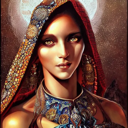 Image similar to a full body beautiful touareg woman by karol bak, ayami kojima, artgerm, sakimichan, arabian beauty, blue eyes, smile, concept art, fantasy