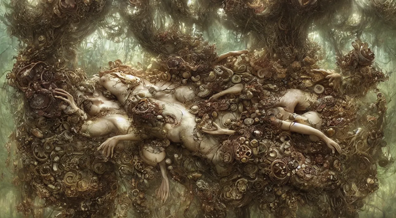 Image similar to a bio - mechanical pretty sleeping giant woman with mushrooms as camouflage, by ellen jewett, tomasz alen kopera and justin gerard : 3