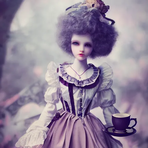 Prompt: A beautiful atmospheric photo of a beautiful Bjd doll girl, wearing cute victorian costume, fantasy tea cup, intricate details, sharp focus, symmetrical composition, octane render, 8k, volumetric lighting