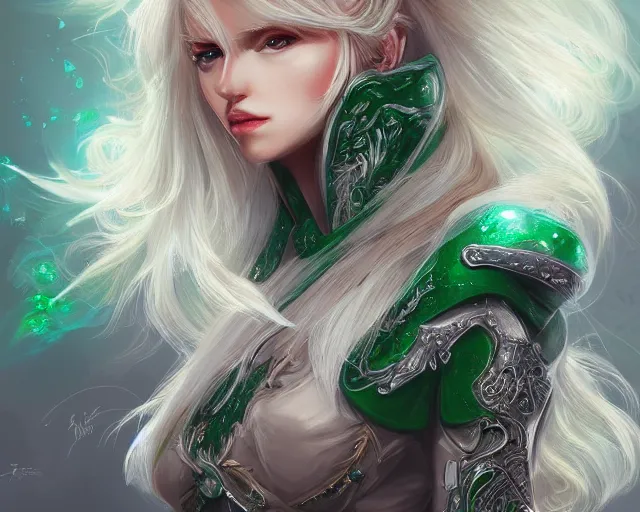 Image similar to A blonde emerald warrior, HD, illustration, epic, fantasy, intricate, elegant, amazing detail, digital painting, artstation, concept art, smooth, sharp focus, illustration, art by Turine Tran