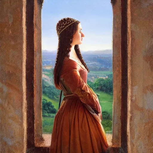 Prompt: very very very beautiful and detailed oil painting of a medieval princess staring sadly out of a castle window onto a sunlit landscape, 8k, sun beams